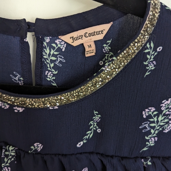 Juicy Conture Navy Blue Flutter Collar, Jeweled Neckline Chiffon Top, Size M - Picture 3 of 4